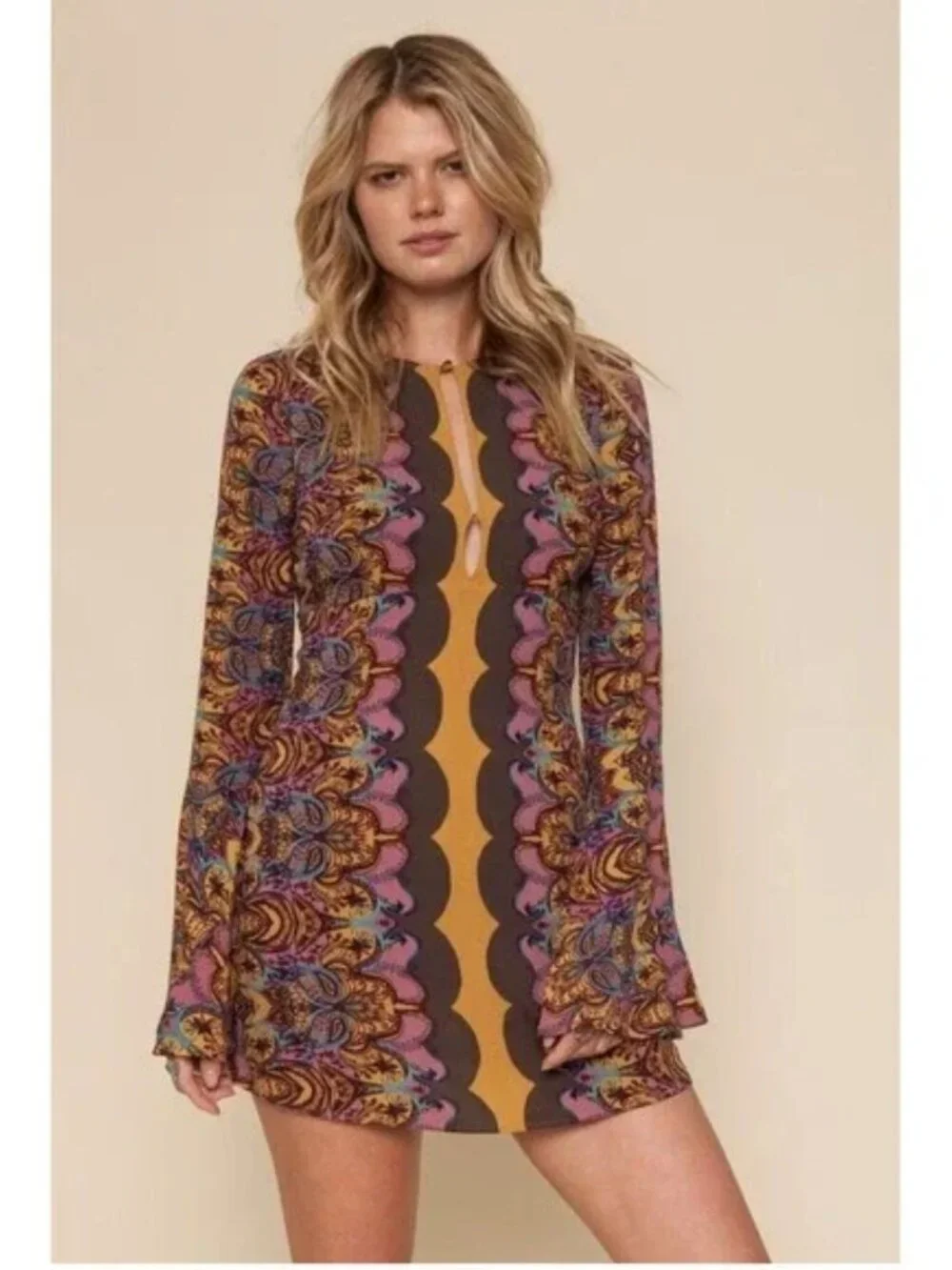 Free People Ossie Vibes Dress Boho Retro 60s Bell Sleeve Mini Tunic Sheath 0 S
